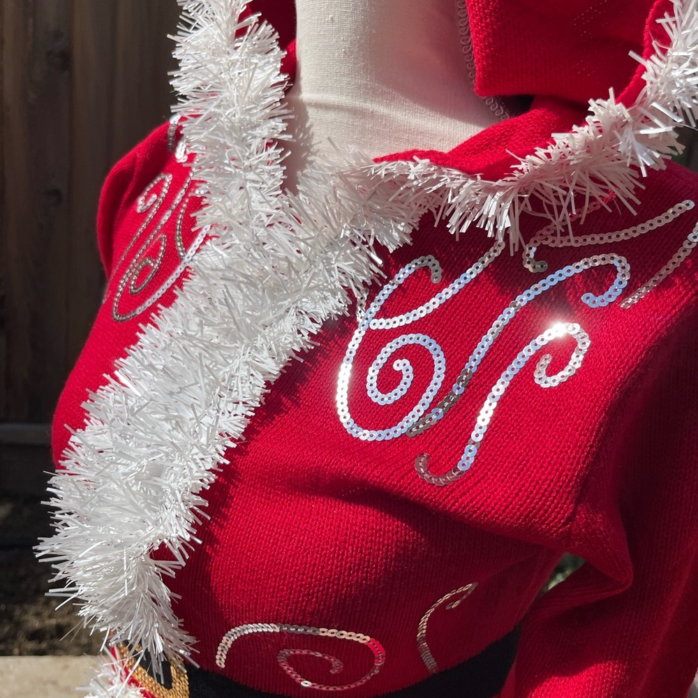 New! Flattering and Festive Christmas Red Hooded Jacket with White Fringe. Small - Picture 2 of 5